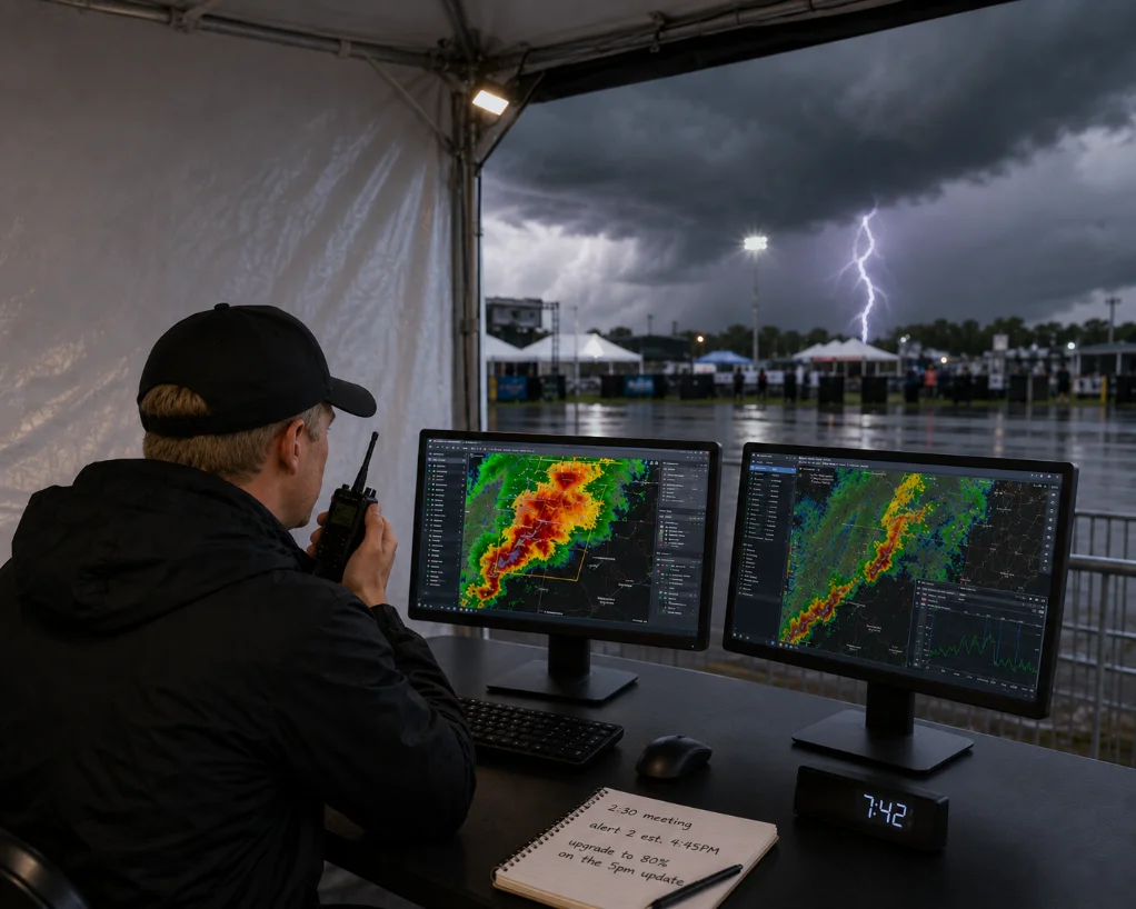 On-site meteorologist monitoring radar during a storm